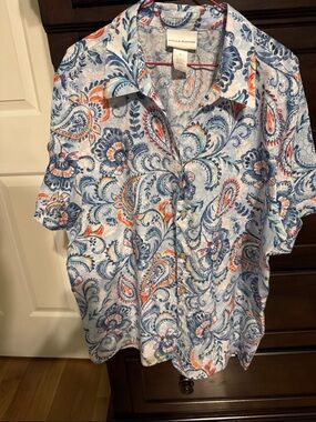 Alfred Dunner Blue and Orange Paisley Button-Down Shirt